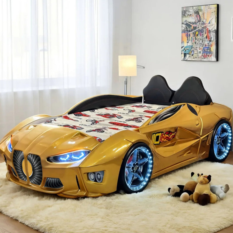 GTM Twin Race Car Bed With LED Lights An Sound FX, Gold