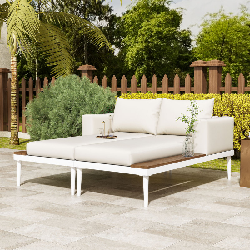 2-in-1 Convertible Outdoor Patio Daybed with Adjustable Feet, Side Space and Washable Cushions, Beige Cushion/White Frame