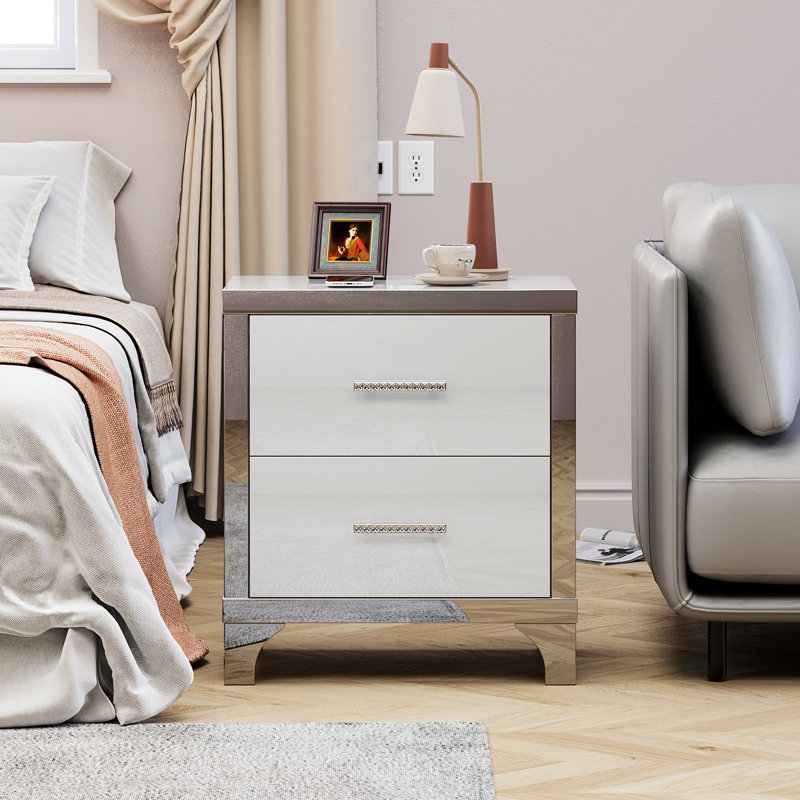 Table de chevet à miroir avec 2 tiroirs, table de bout moderne avec poignée en métal, table de chevet pour chambre à coucher, salon