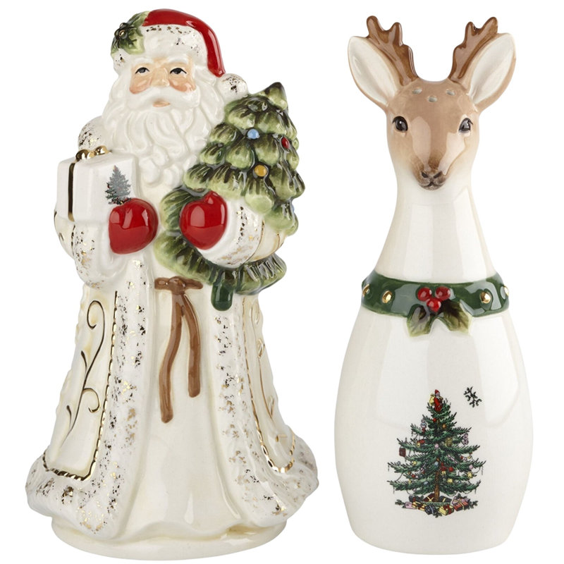 Ensemble de sel et poivre Spode, arbre de Noël, père Noël et renne, ensemble de 2
