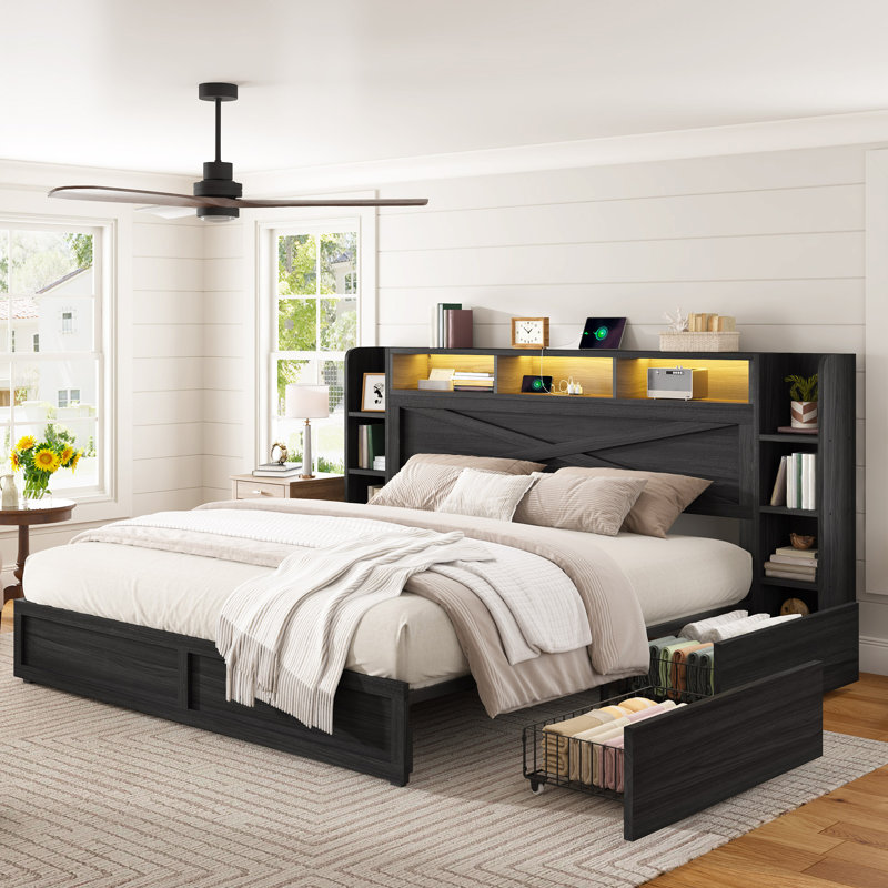 Lit avec rangement Coey Farmhouse, Grand lit, Noir
