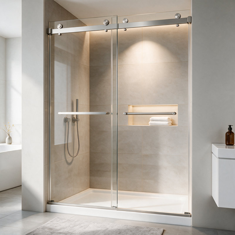 Porte de douche coulissante double sans cadre de 60 pouces avec verre trempé, Nickel brossé