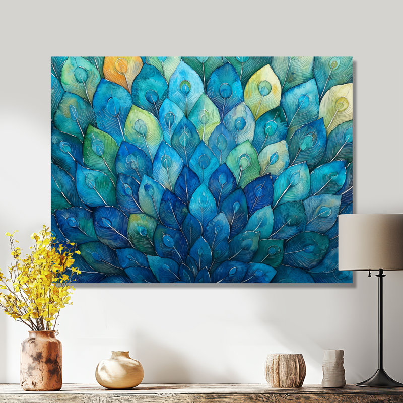 «Blue and Green Peacock Feather Collage I», reproduction d'art moderne en métal, art mural en métal paon, H 12 po x l 20 po