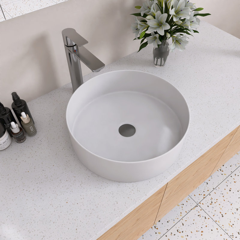 16" Ceramic Vessel Bathroom Sink, Gloss White