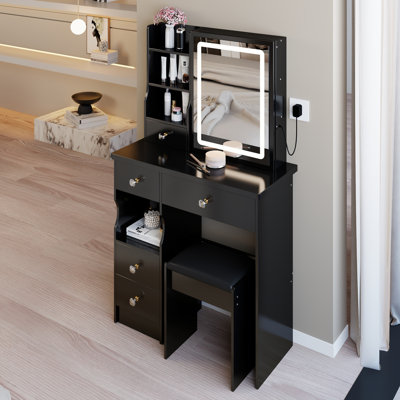 29.2" Small Size Left Drawer Desktop Vanity Table + Cushioned Stool, Large Sliding, Touch Control, Tri-Color Switching, Brightness Adjust LED Mirror, by Latitude Run