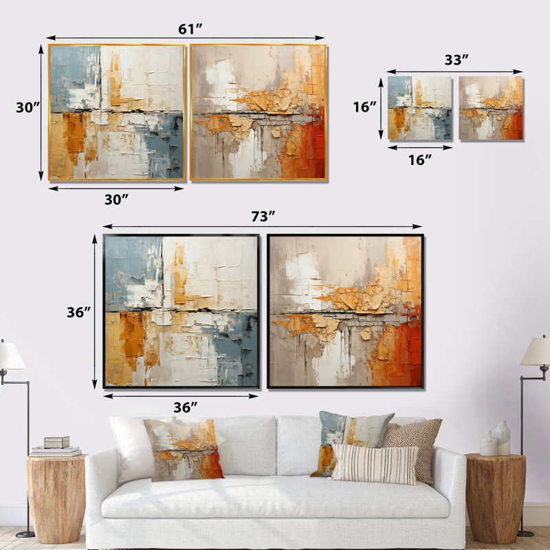 Transcendent Textures - Ensemble de 2 collages abstraits carrés, Cadre flottant noir, H 36 po x l 73 po