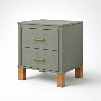 Two Drawer Nightstand with Fluted Side Panels, Solid Wood Legs, Metal Handles, Premium Wood Storage Cabinet, Tall Bedside Table and End Table for Bedr