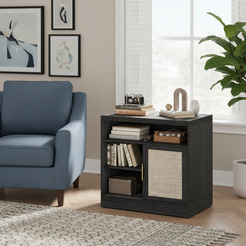 Rattan Lateral File Cabinet with Sliding Door & Adjustable Shelves, 32" Wood Filing Cabinet for Home Office Storage, Black