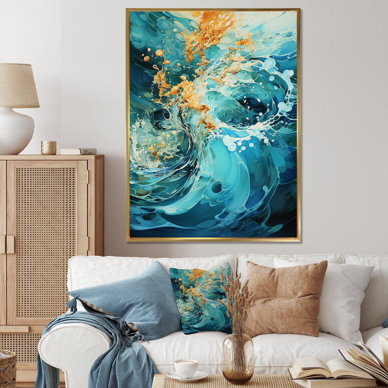 Aqua Dream Rush Flow 3 - Collages abstraits, art mural, Cadre flottant doré, H 40 po x l 30 po x P 1,5 po