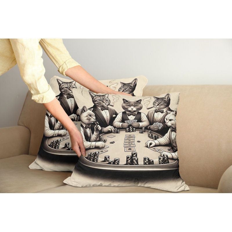 Ivory and Dark Taupe Cat Poker Microfiber Throw Pillow Covers, Set of 2