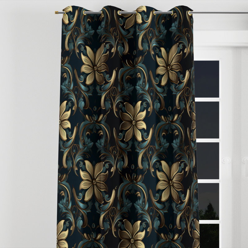 Or et bleu Luxury Damask Symphony I - Rideau occultant avec œillets Bohemian - 1 panneau, L 52 po x L 84 po, Œillets dorés