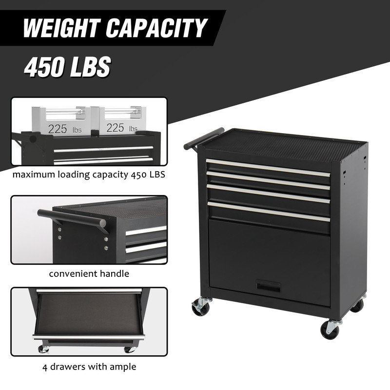 Coffre à outils robuste 29,92 "à 4 tiroirs, armoire à outils mobile en métal avec 4 roues, noir