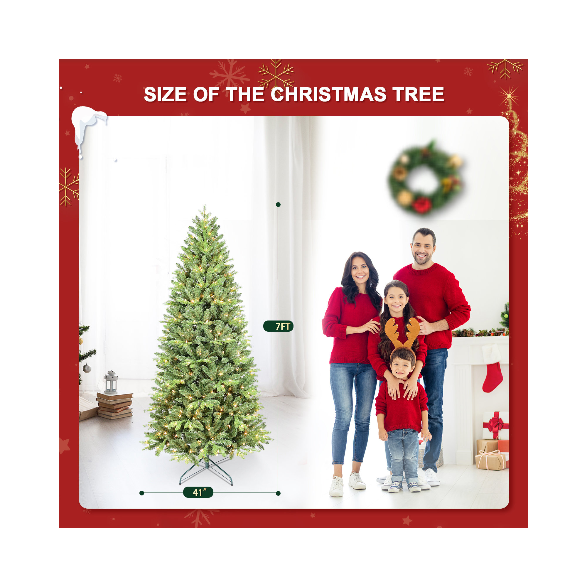 Pre-lit Christmas Tree Artificial Pencil Christmas Trees - Hinged Spruce Xmas Tree With Warm Lights, Pe&pvc Mixed Branch Tips, Metal Stand&easy Assembly