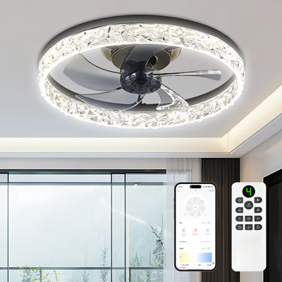 Ventilateur de plafond de 20 po en cristal noir avec télécommande - moteur réversible à 6 vitesses, 3 modes de couleur, silencieux et à intensité variable