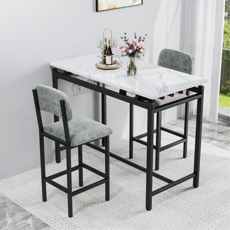 Table de salle à manger moderne pour 2 personnes, ensemble de table de salle à manger avec finitions en marbre et 2 chaises rembourrées