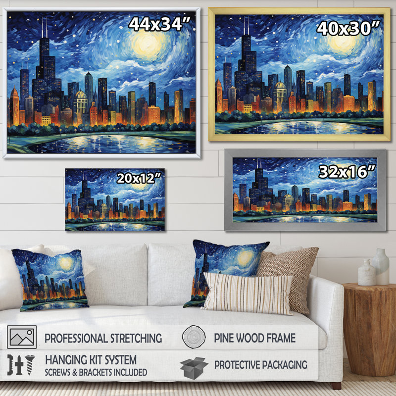 «Chicago The Starry Night», art mural sur toile Chicago, Cadre simple noir, H 30 po x l 40 po x P 1,5 po