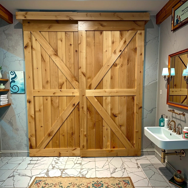 Portes de grange doubles en aulne fini avec ensemble de quincaillerie coulissante en bois, 70 po x 84 po