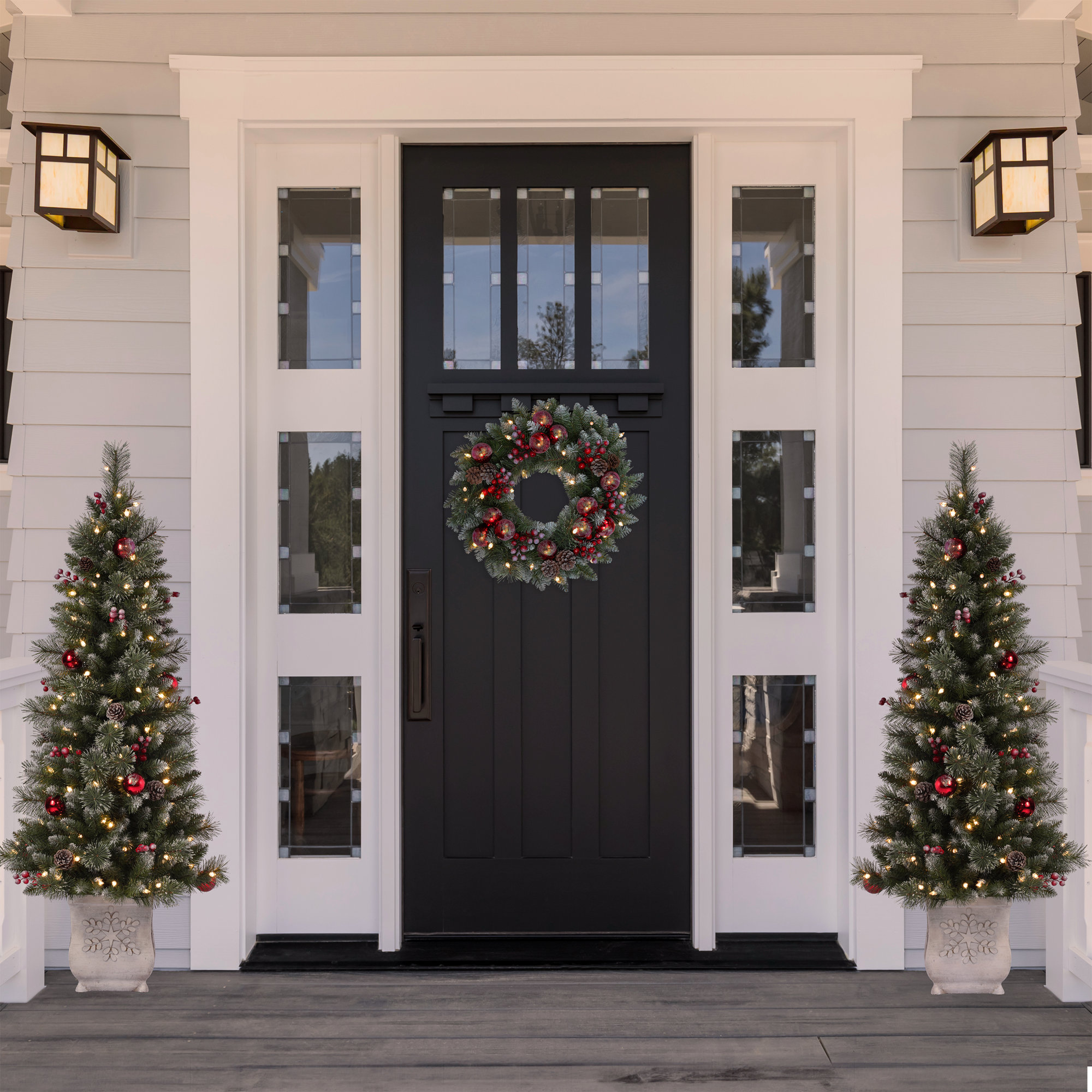 24 Inch Frosted Ithica Pine Wreath with Soft White LED Lights and Auto Timer