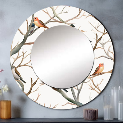 Little Birds On The Tree Branches IV - Bird Large Mirror, Modern Round Unique Wall Mirror Decor, Printed Metal Art