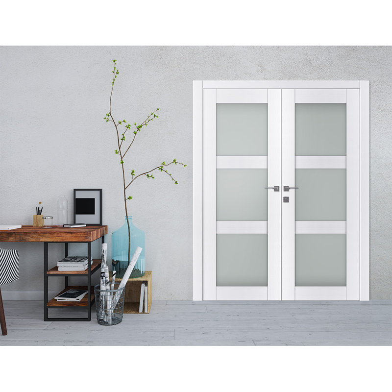 Double porte pré-montée intérieure en bois manufacturé et en verre givré Palladio 3 Lite, 64 po x 96 po, Blanc noble