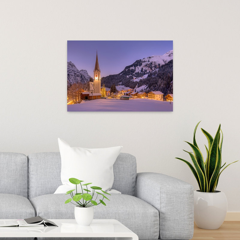 Cozy Winter Village Evening Peaceful Serene Abstract Landscape Mountain Wall Art Print 1 Piece Wrapped Canvas Wall Art