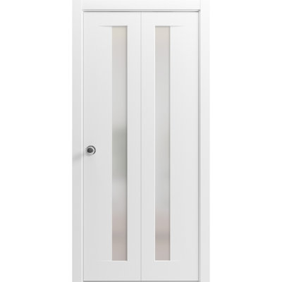Sliding Closet Bi-fold Doors 84 x 96 in (2x 42x96) Planum 0660 Painted White with Frosted Glass Sturdy Tracks Moldings Trims Hardware Set Wood Solid Bedroom Wardrobe Doors
