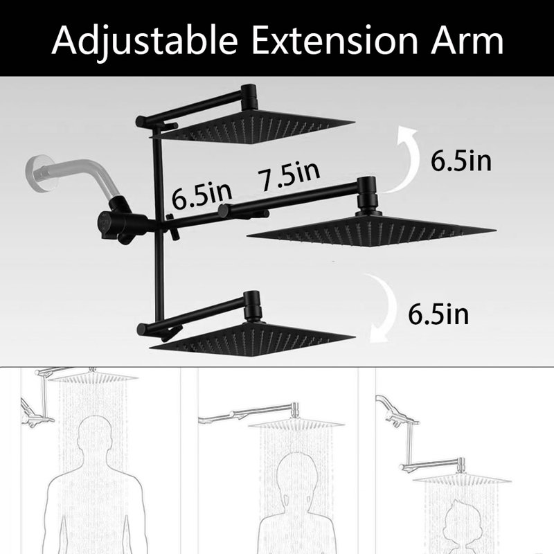 10" Metal Rain Shower Head With Handheld Spray Combo, Adjustable Extension Arm, 71 Inch Hose, Black