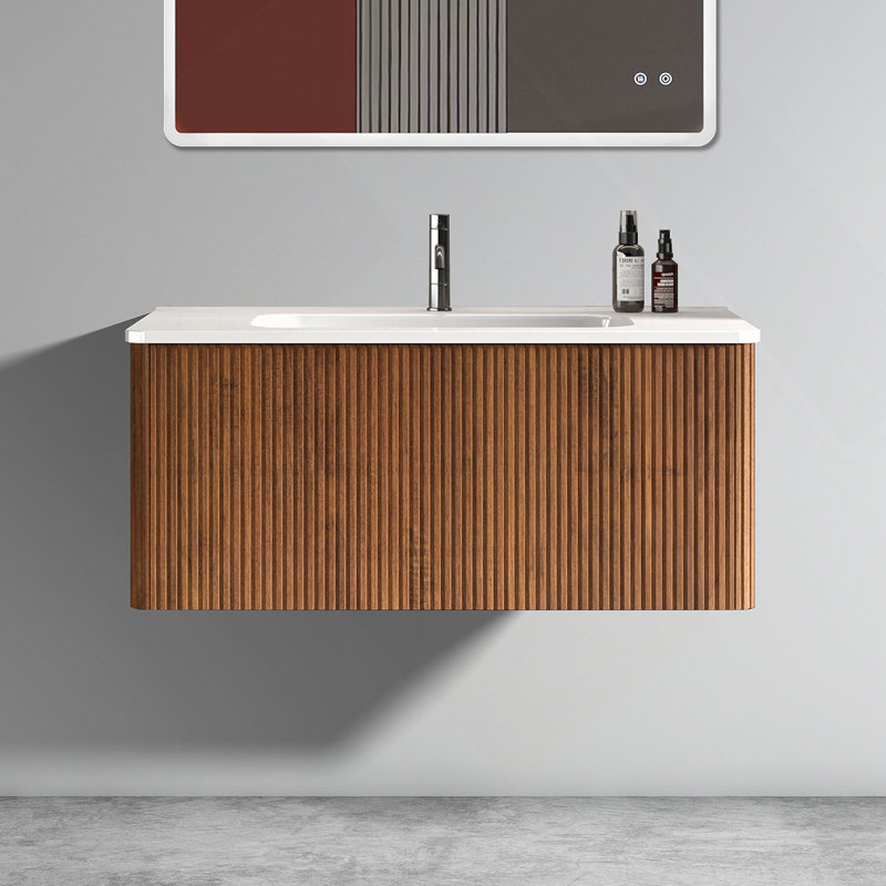Meuble-lavabo rayé flottant avec lavabo en céramique blanc, meuble-lavabo pour salle de bain moderne, pré-assemblé, Noyer