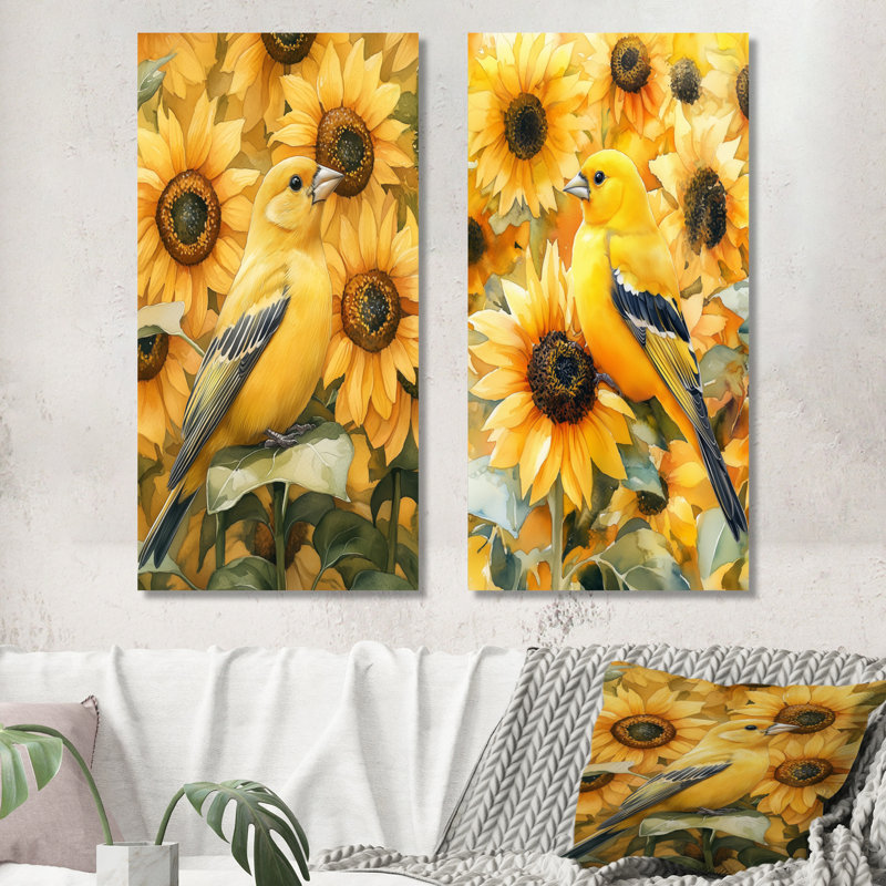 Chardonneret en tournesols - oiseaux, ensemble de 2 reproductions d'art mural en métal, 32" H x 32" W