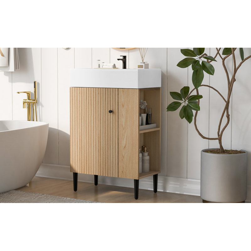 21.6" Wood Bathroom Vanity, Combo Cabinet, Bathroom Storage Cabinet, Single Ceramic Sink, Right Side Storage