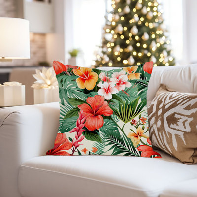 Botanical Hawaiian Tropical Palm Leaves & Hibiscus Flowers I Botanicals Pillow Cover