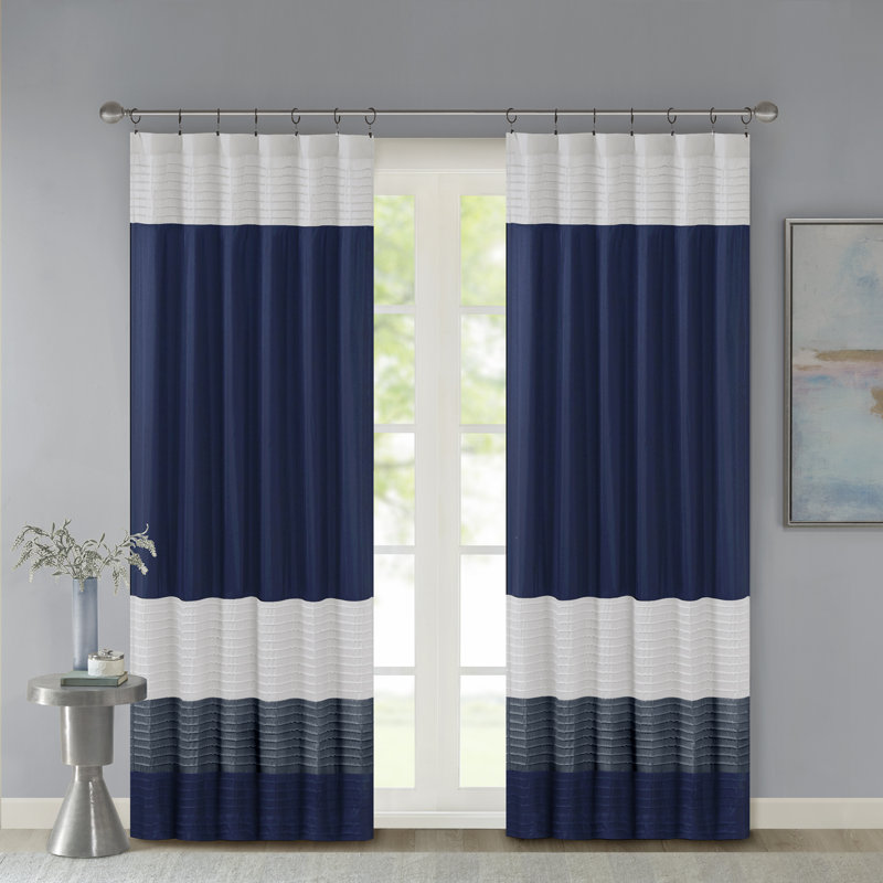 Navy and White Faux Silk Light-Filtering Drapes