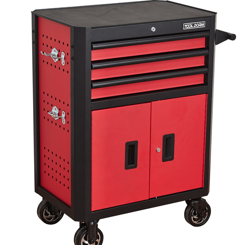 Coffre à outils à roulettes 28 pouces à 3 tiroirs avec roulettes et doublures, idéal pour l'organisation d'un atelier de garage dans un salon de coiffure sur roulettes, armoire noir rouge