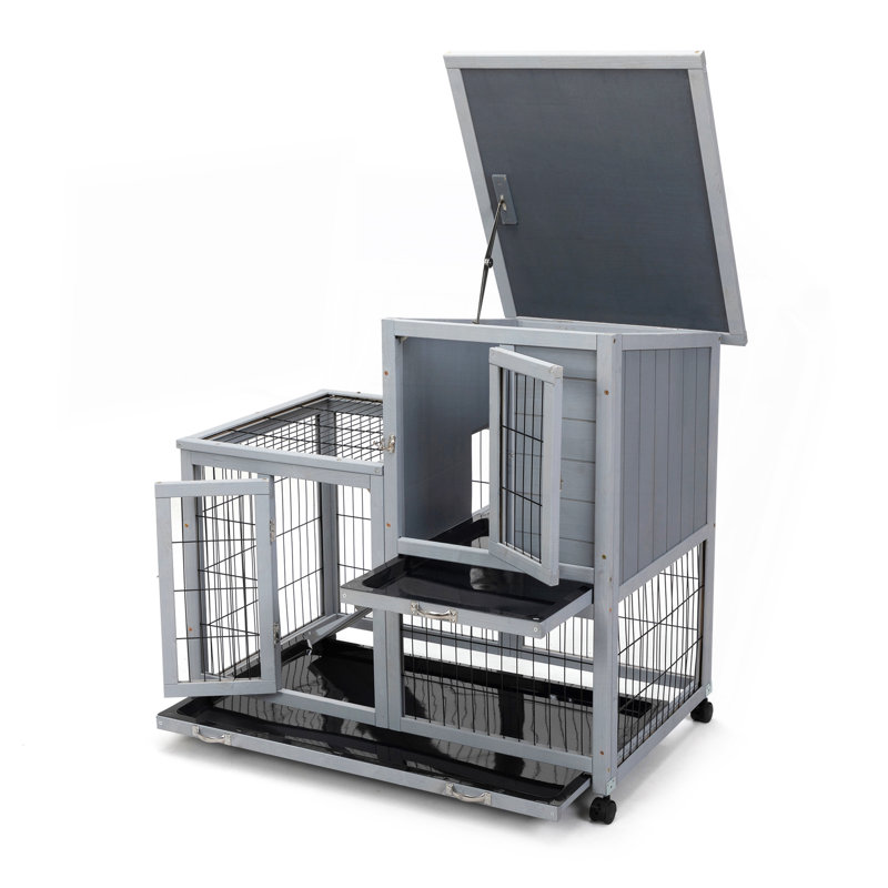 Cage à lapin amovible avec plateau amovible et roulettes, gris et blanc, Gris