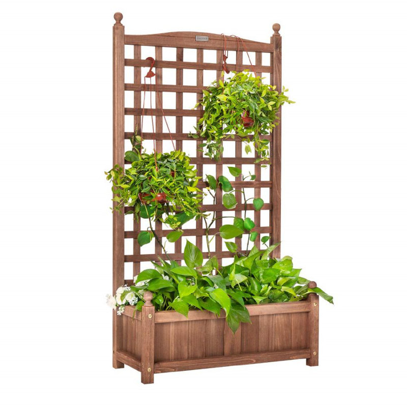 Fir Wood Rectangular Raised Planter Bed with Trellis, 48" Height