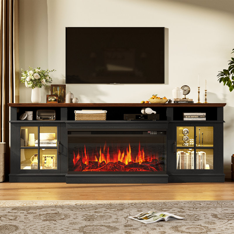 80" Electric Fireplace TV Stand – 12 Color Flame & LED, 2 Heat Settings, Adjustable Temperature, Fits TVs Up to 90", Black