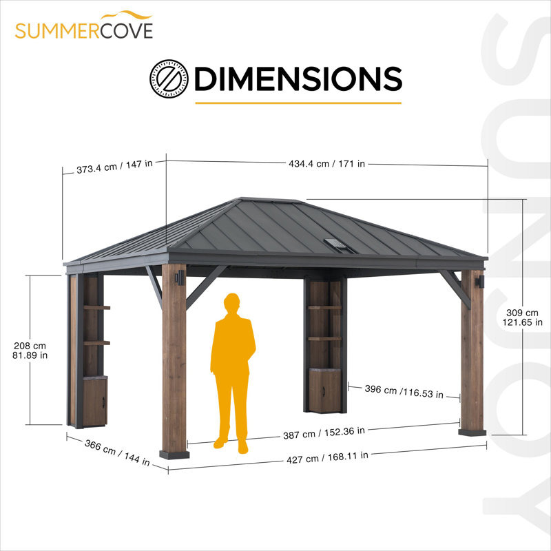 Sunjoy 12 x 14 ft Cedar Wood and Steel Hardtop Gazebo with LED Lighting and Bluetooth Sound