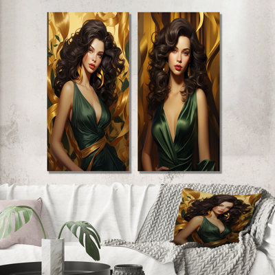 «Green and Gold Glam Woman Glory I», photographie de mode murale, ensemble de salon