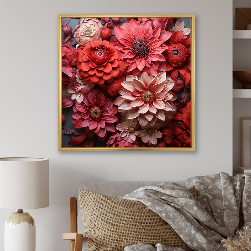 Zinnias rouges - fleurs symboliques, Cadre flottant doré, H 30 po x l 30 po