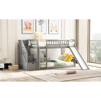 Lit superposé simple gris avec tiroirs de rangement, glissière et deux tiroirs pratiques