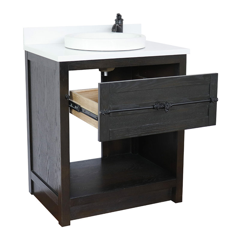 Zimmerman 31'' Single Bathroom Vanity with Top, Brown Ash, White Quartz