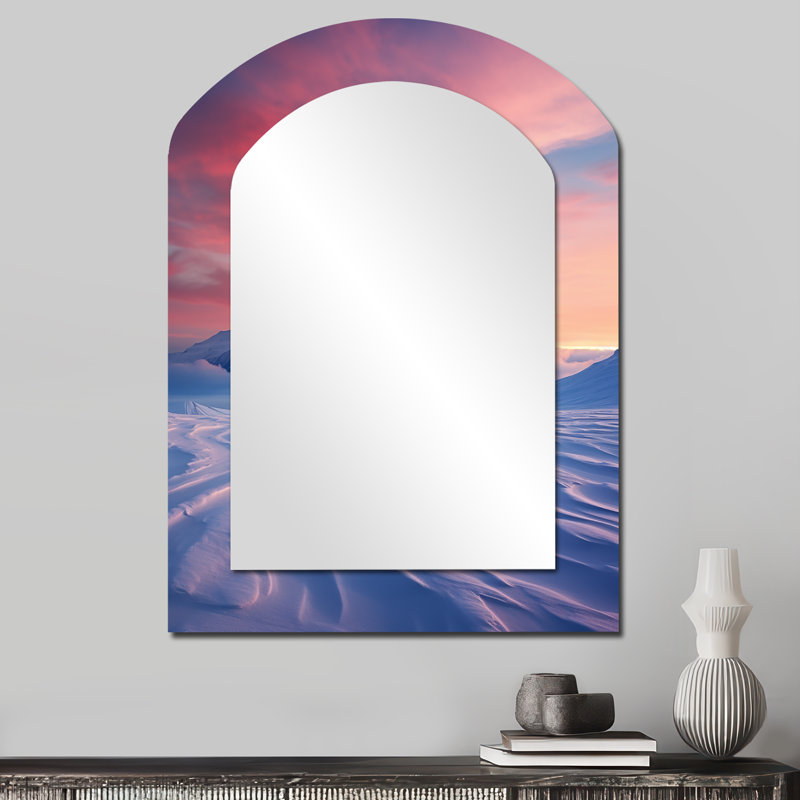 Winter Trails Snowy Volcano Landscape - Volcano Arch Mirror, Orange Asymmetrical Decorative Wall Mirror, Printed Metal Art