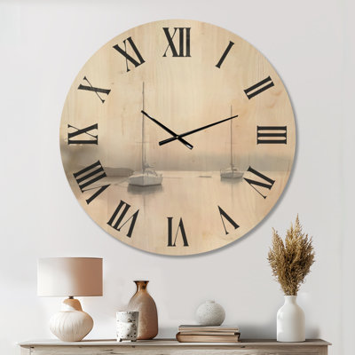 Misty Harbor Sail - Beige Coastal Round Solid Wood Wall Clock