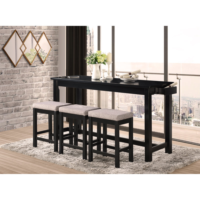 Black Wood Counter Height Dining Set with USB Ports and Stools