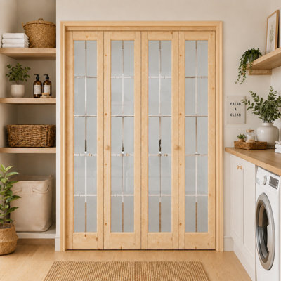 48"x80" 10-Lite Full Lite Double Bi-Fold Door Clear Glass And Solid Wood With Installation Hardware Kit Unfinished surface