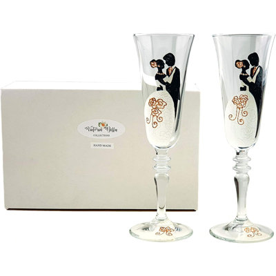 Victoria Bella 440283-2-WR, 6 Oz Champagne Glasses, 9" High 'Wedding' Glass Flutes w/Rhinestones, Set of 2