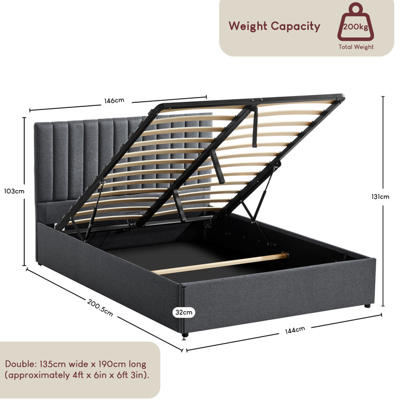 Fabric Ottoman Bed Frame With Hydraulic Lift-Up Storage, Slatted Base, Modern Design, European Double (4'6), Dark Grey