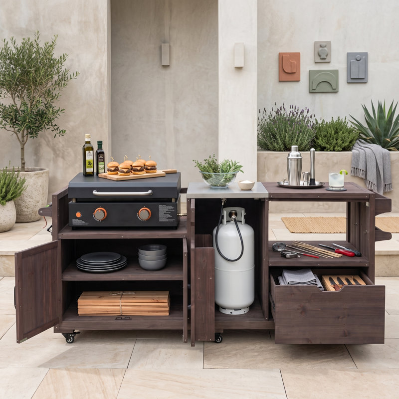 Outdoor Kitchen Grill Cart for Big Green Egg, Solid Fir Wood BBQ Table with 201 Stainless Steel Top, Dark Brown