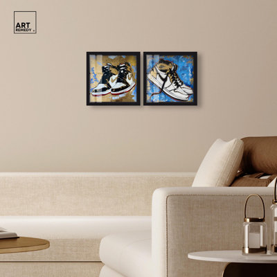 Gold Sky Sneakers Set Shadowbox Print Urban Sneaker Wall Art Set by Art Remedy, Black Frame, 12 x 12