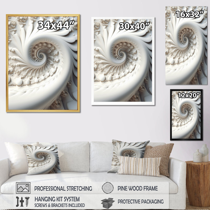Blanc fractal spiral univers - impression, H 40 po x l 30 po x P 1,5 po, Cadre simple noir